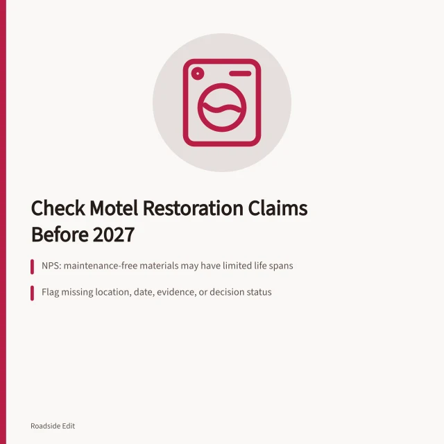 Card listing warning signs for historic motel restoration claims and records. Historic motel restoration plan warning signs to check before 2027