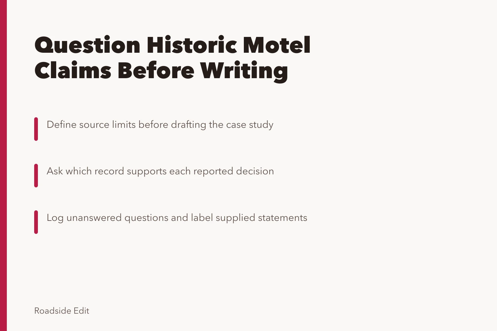 Card listing source-first questions for historic motel case studies. Historic motel restoration case study questions to ask before you write