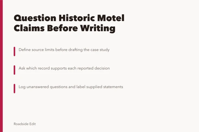 Card listing source-first questions for historic motel case studies. Historic motel restoration case study questions to ask before you write