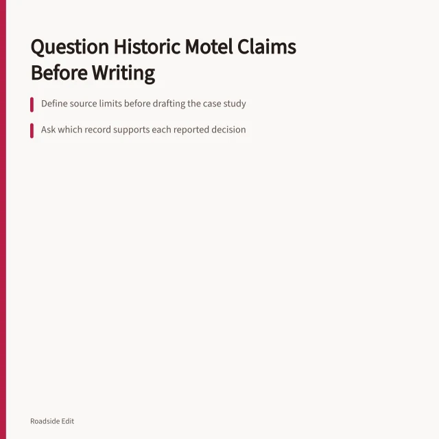 Card listing source-first questions for historic motel case studies. Historic motel restoration case study questions to ask before you write