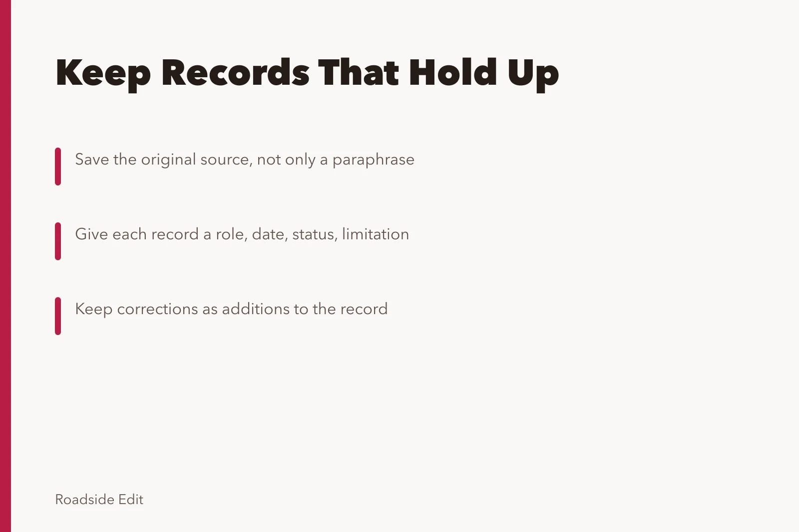 Card about organizing historic motel restoration case study records and sources. How to keep historic motel restoration case study records that hold up