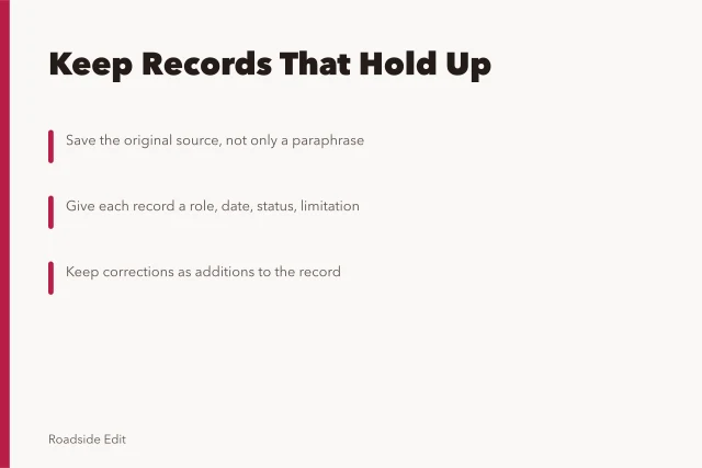 Card about organizing historic motel restoration case study records and sources. How to keep historic motel restoration case study records that hold up
