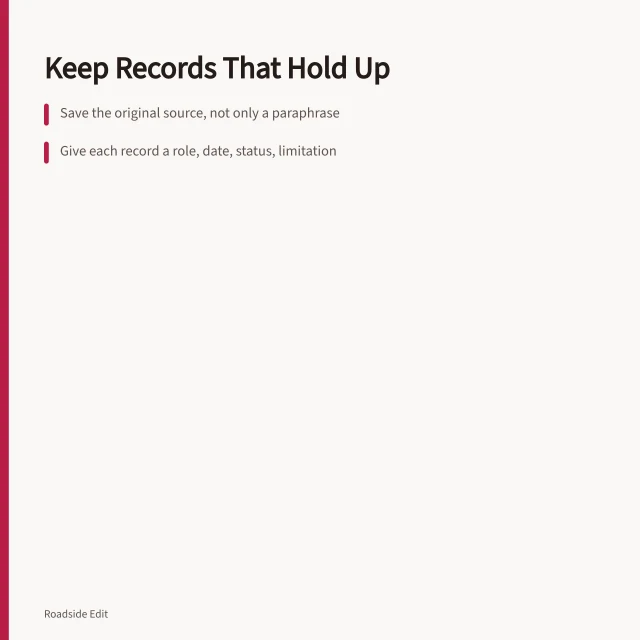 Card about organizing historic motel restoration case study records and sources. How to keep historic motel restoration case study records that hold up