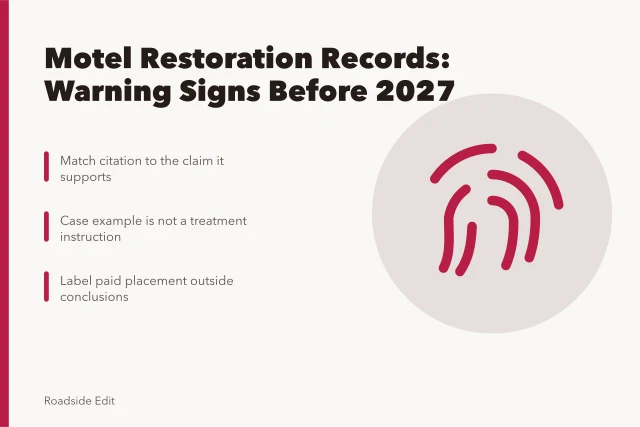 Editorial checklist card for verifying historic motel restoration sources and citations. Historic motel restoration case study warning signs to catch before 2027
