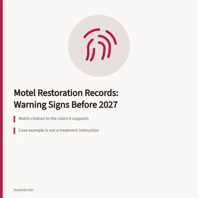 Editorial checklist card for verifying historic motel restoration sources and citations. Historic motel restoration case study warning signs to catch before 2027