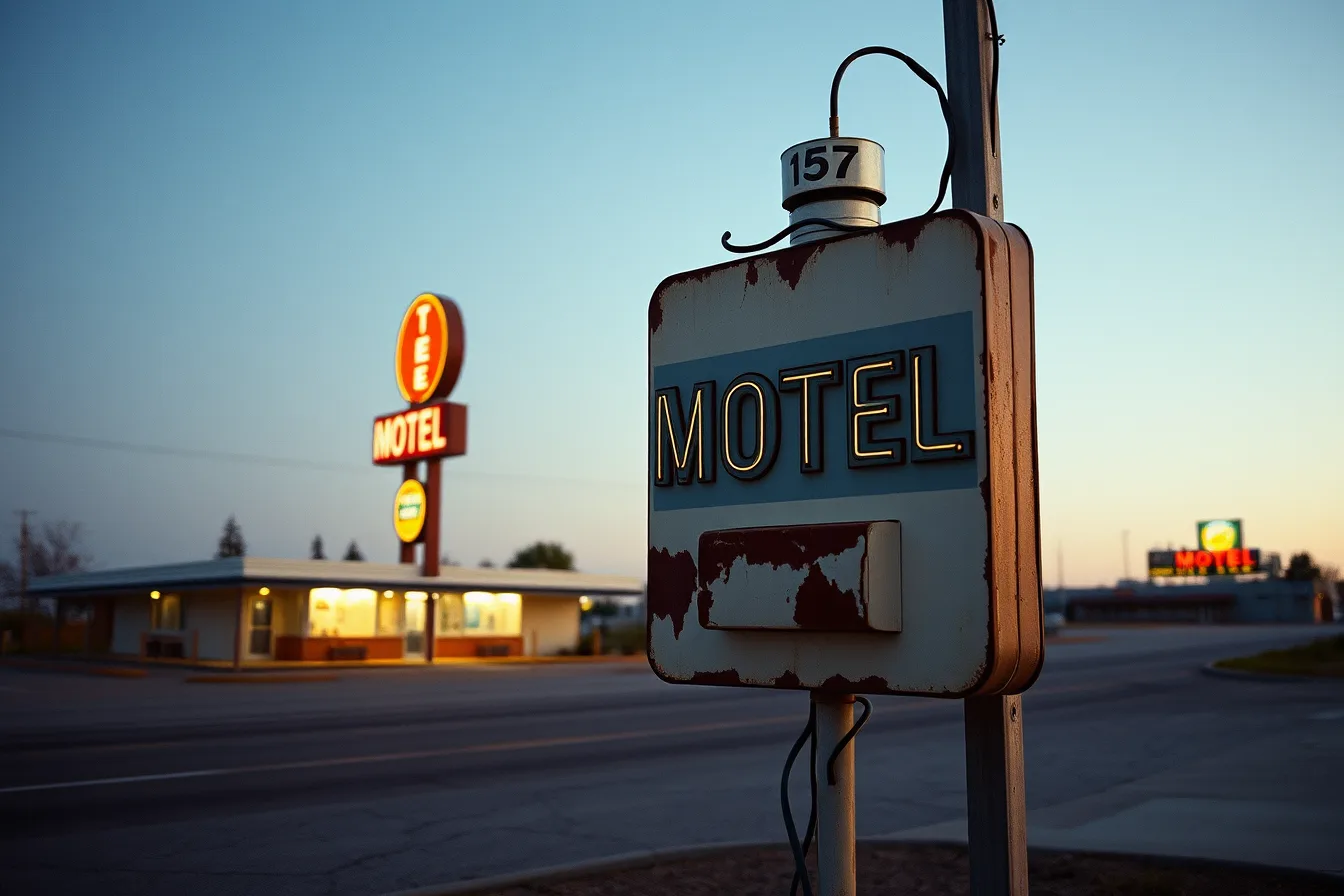 Chipped 1957 porcelain-enamel motel sign with rusted transformer can at dusk. Historic motel restoration: 7 provider selection questions to ask in 2027