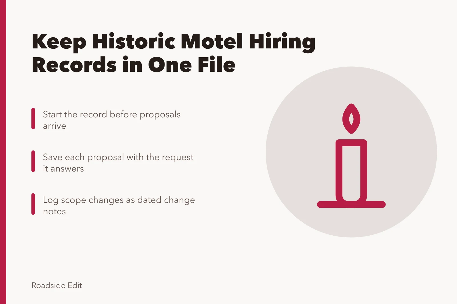 Card about keeping historic motel restoration hiring records organized. How to keep historic motel restoration provider selection records in 2027