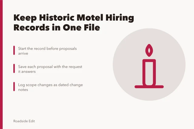 Card about keeping historic motel restoration hiring records organized. How to keep historic motel restoration provider selection records in 2027