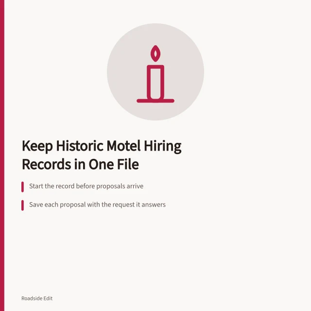 Card about keeping historic motel restoration hiring records organized. How to keep historic motel restoration provider selection records in 2027