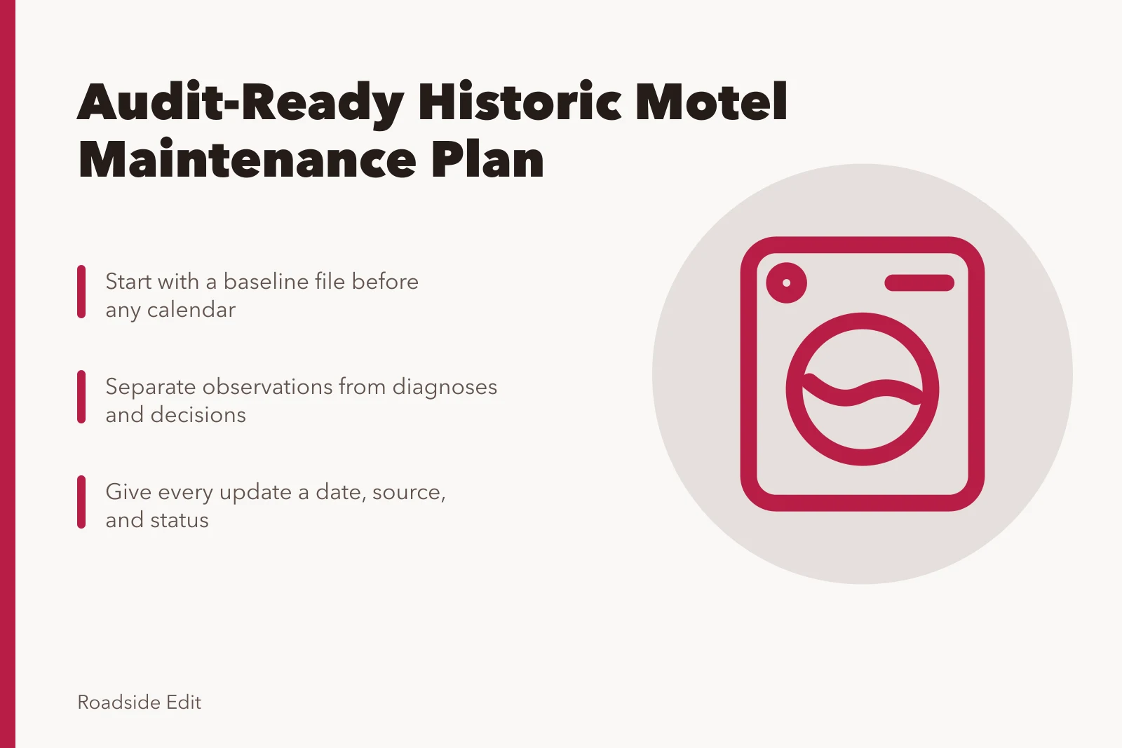 Historic motel neon sign glowing at dusk beside roadside diner and gas station. How to build a historic motel restoration maintenance plan owners can audit