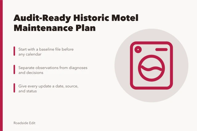 Historic motel neon sign glowing at dusk beside roadside diner and gas station. How to build a historic motel restoration maintenance plan owners can audit