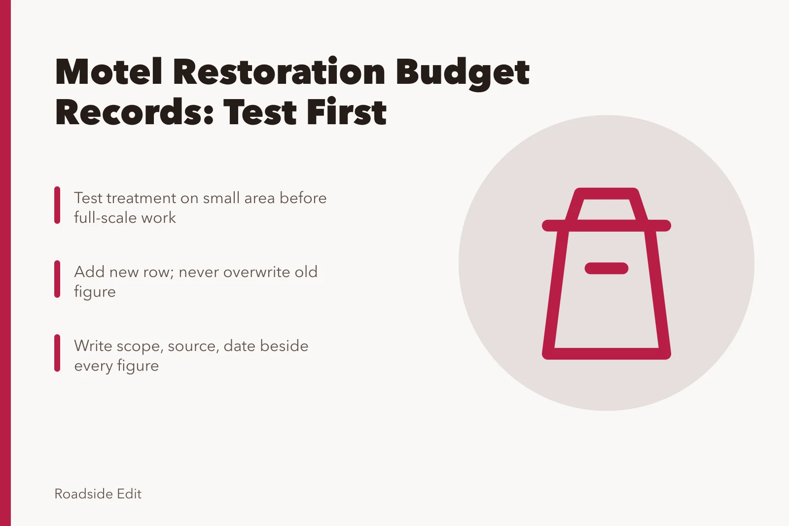 Card on historic motel restoration budget records and testing before repairs. Historic motel restoration budget notes: how to avoid planning mistakes in 2027