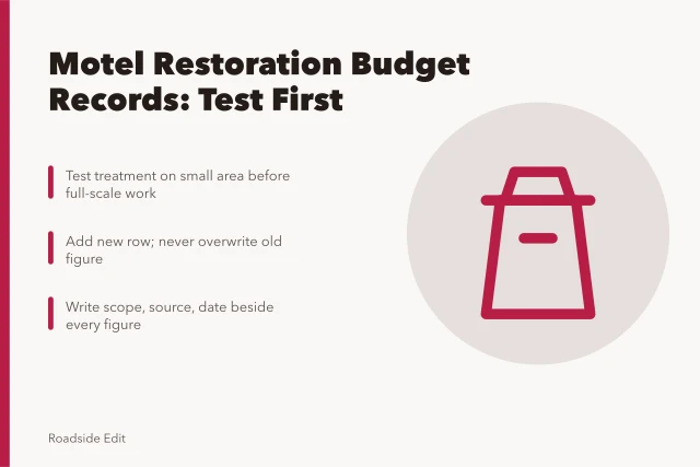 Card on historic motel restoration budget records and testing before repairs. Historic motel restoration budget notes: how to avoid planning mistakes in 2027