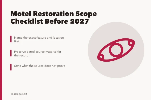 Checklist card for historic motel restoration scope planning. Historic motel restoration: a scope checklist before you plan for 2027