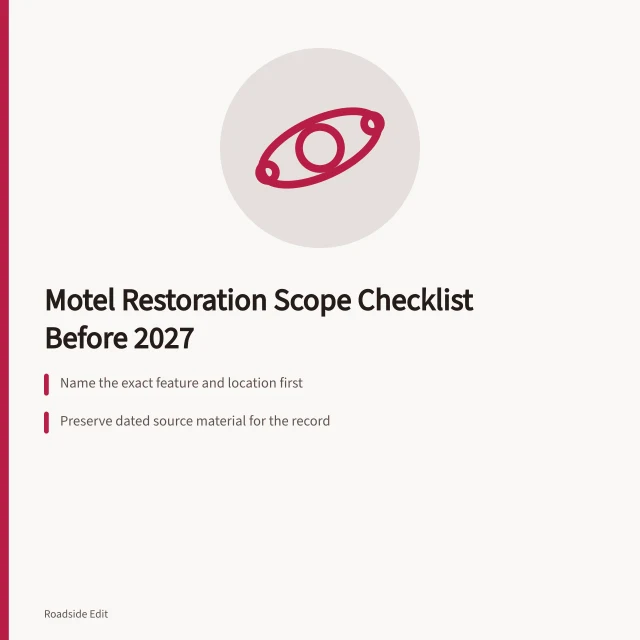 Checklist card for historic motel restoration scope planning. Historic motel restoration: a scope checklist before you plan for 2027