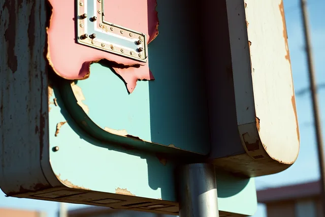 Weathered porcelain-enamel motel sign panel with chipped edges and faded neon tubing. Historic motel restoration: 6 questions to ask before you assume
