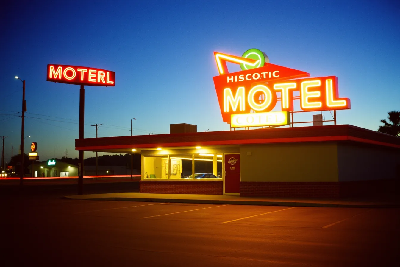 Historic motel neon sign glowing at dusk beside roadside facade. Historic motel restoration: 8 planning mistakes to avoid before 2027