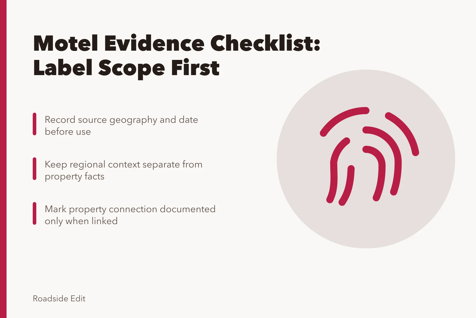 Checklist card separating regional context from property evidence for motel research. How a historic motel restoration scope checklist works for regional evidence in 2027