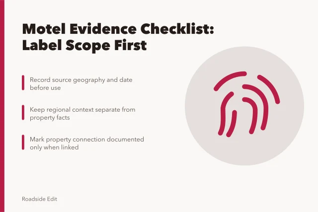 Checklist card separating regional context from property evidence for motel research. How a historic motel restoration scope checklist works for regional evidence in 2027