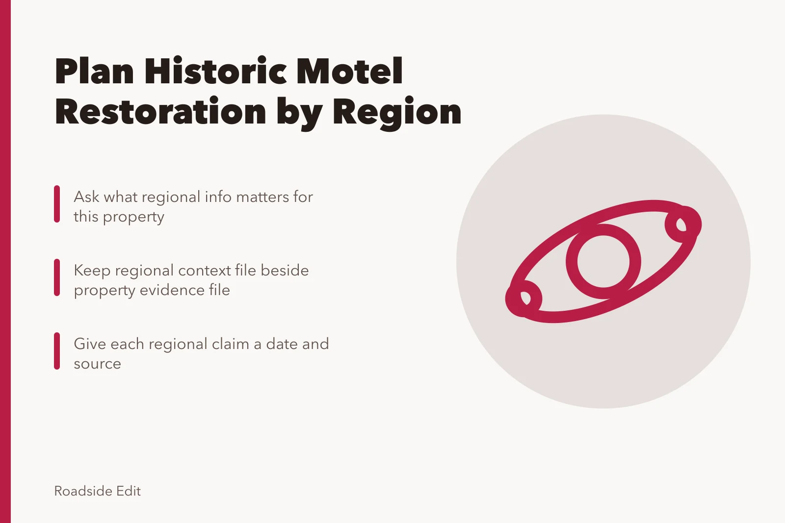 Card outlining regional planning steps for historic motel restoration. How to plan a historic motel restoration across regions in 2027