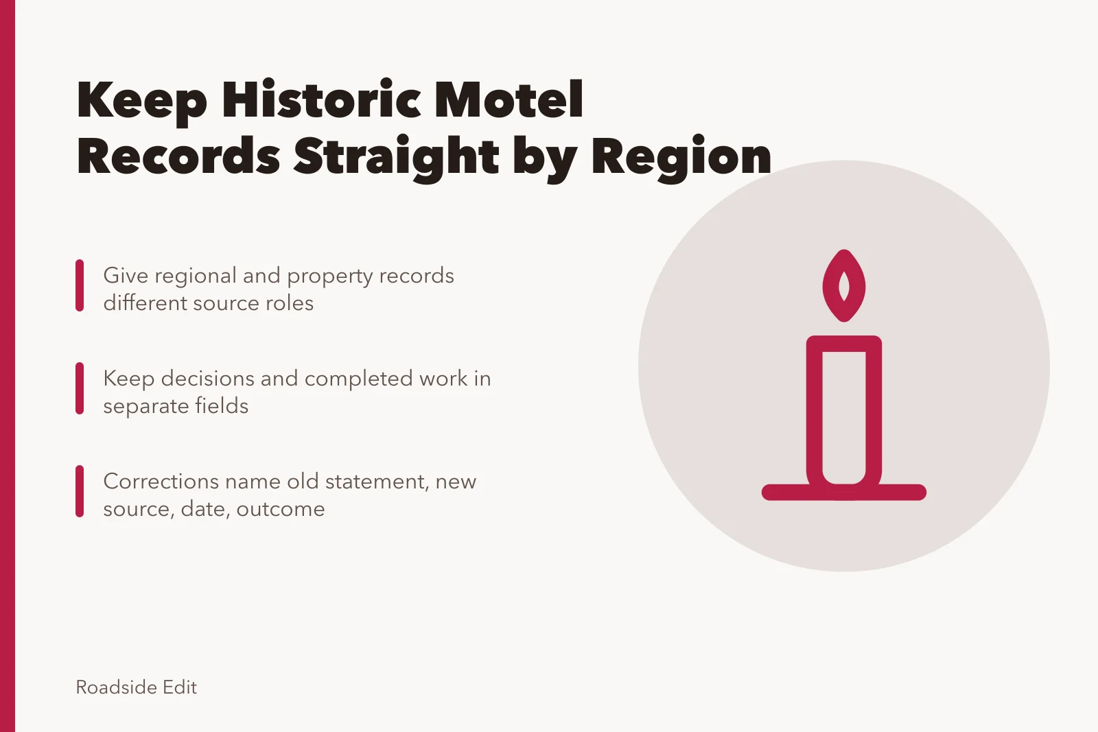 Card on separating historic motel record sources, decisions, and corrections by region. How to keep historic motel records straight across regions this year