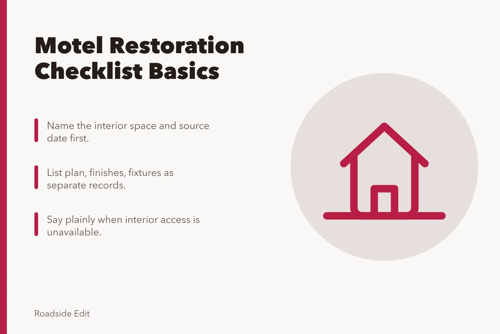 Checklist card for historic motel restoration planning steps. Historic motel restoration basics checklist for 2027: what to gather before work starts