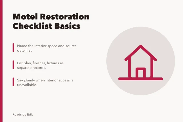 Checklist card for historic motel restoration planning steps. Historic motel restoration basics checklist for 2027: what to gather before work starts