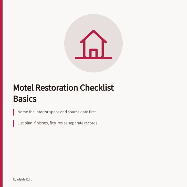 Checklist card for historic motel restoration planning steps. Historic motel restoration basics checklist for 2027: what to gather before work starts