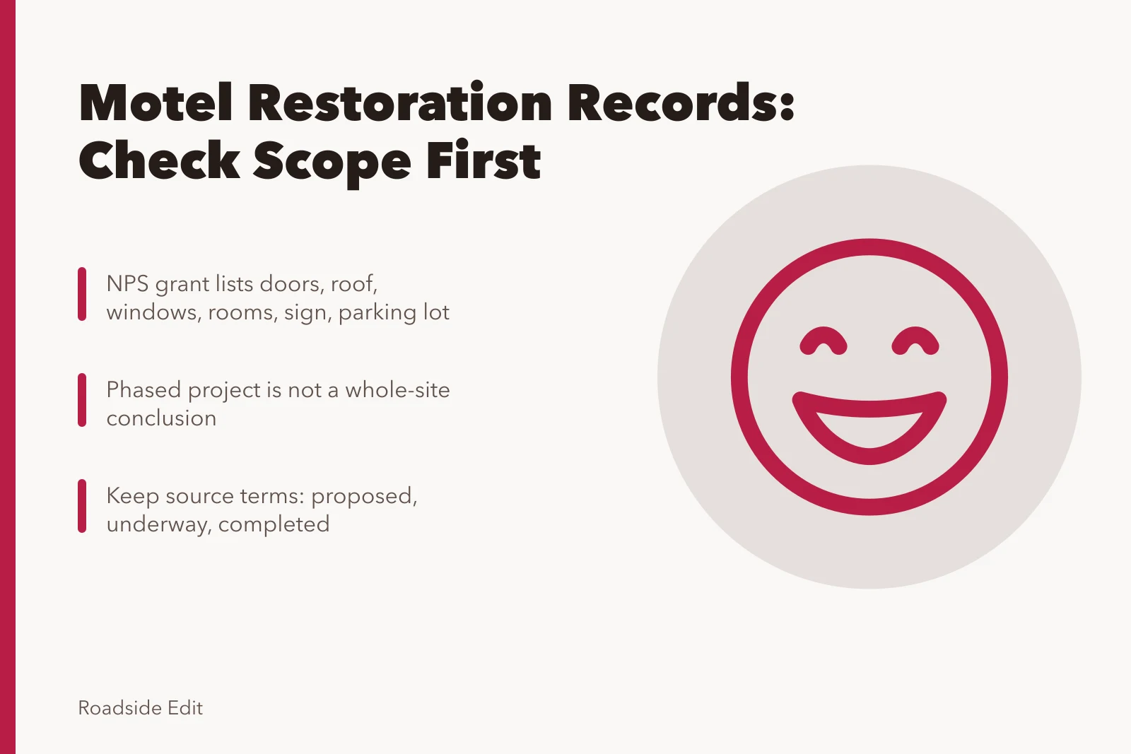 Card on checking historic motel restoration record scope and phases. Historic motel restoration questions to ask before you assume a full site scope