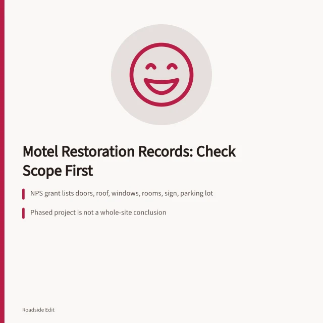 Card on checking historic motel restoration record scope and phases. Historic motel restoration questions to ask before you assume a full site scope