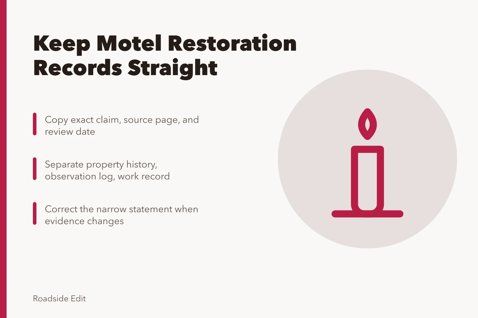 Card on tracking historic motel restoration records, sources, and corrections. How to keep historic motel restoration records straight for 2027