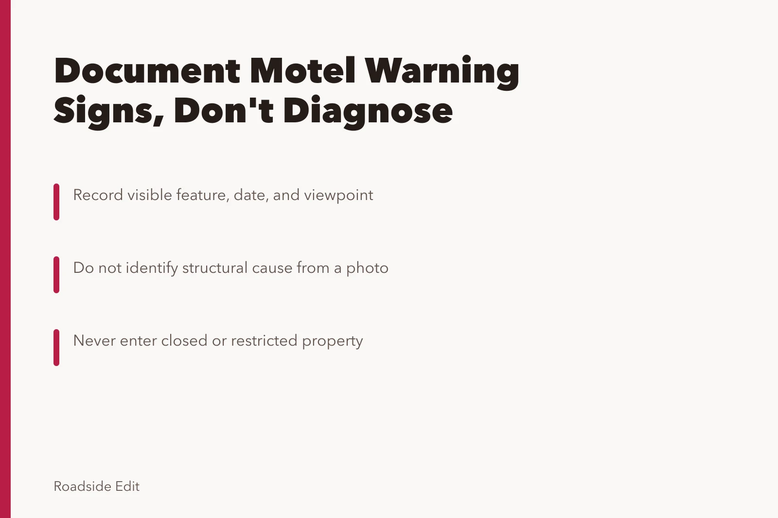 Card on documenting motel warning signs without diagnosing structural causes. Historic motel restoration warning signs: what to record before you diagnose