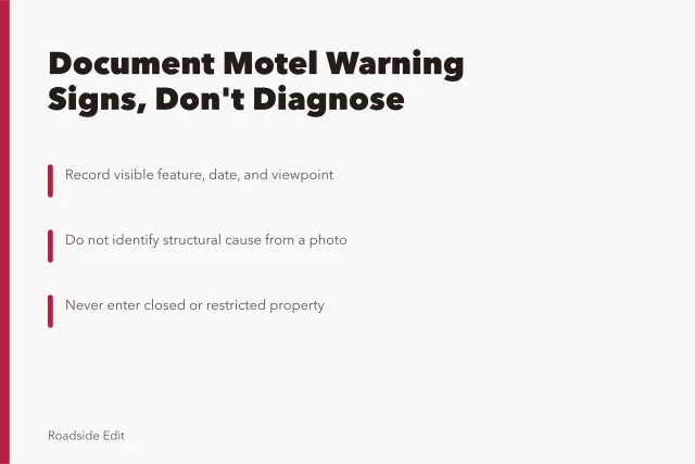 Card on documenting motel warning signs without diagnosing structural causes. Historic motel restoration warning signs: what to record before you diagnose
