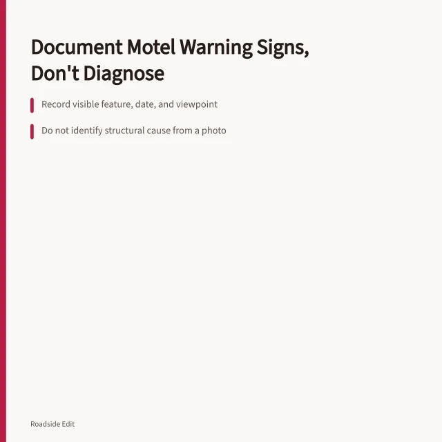 Card on documenting motel warning signs without diagnosing structural causes. Historic motel restoration warning signs: what to record before you diagnose