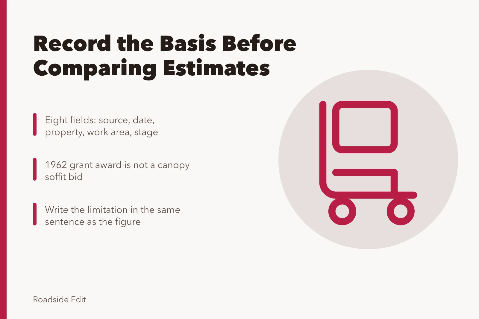 Checklist card for recording historic motel restoration estimate sources and stages. Historic motel restoration cost checklist: what to verify before you compare a 2027 estimate