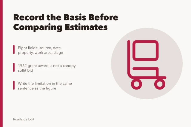 Checklist card for recording historic motel restoration estimate sources and stages. Historic motel restoration cost checklist: what to verify before you compare a 2027 estimate