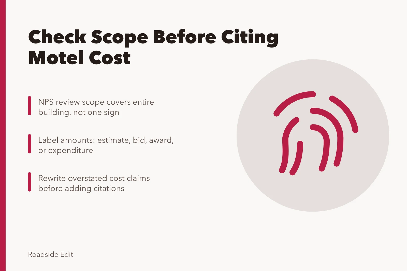 Checklist card for verifying historic motel restoration cost claims. Historic motel restoration cost warning signs: fix the scope before you cite
