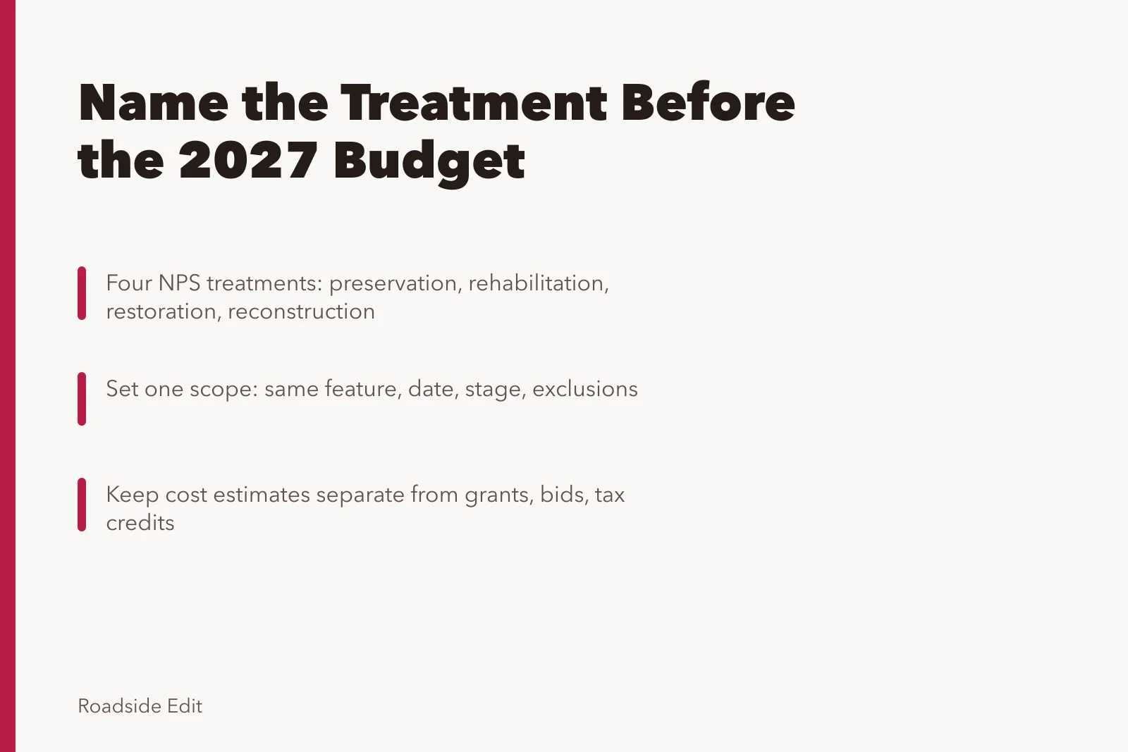 Card comparing historic motel restoration treatment options and 2027 budget scope steps. Historic motel restoration options: set one scope before you compare 2027 budgets