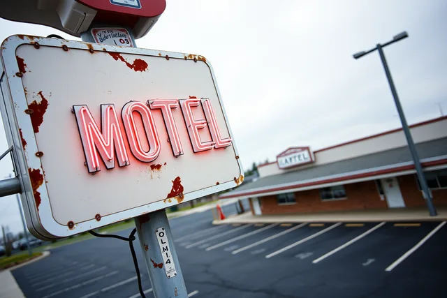 Weathered porcelain enamel motel sign cabinet with bent neon tubing on a pole. Historic motel restoration options checklist: what to record before 2027
