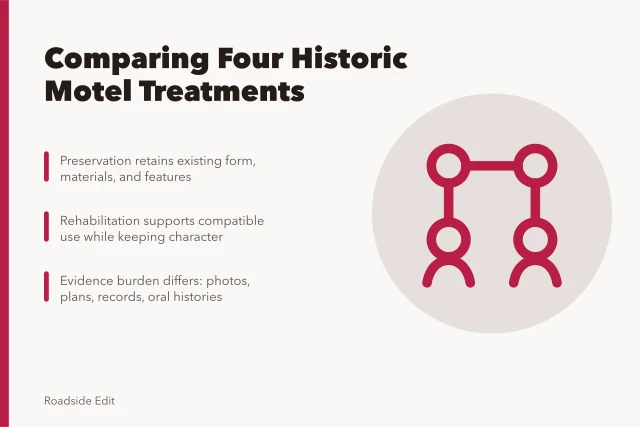Comparison of four historic motel restoration treatment options and their evidence needs. Historic motel restoration options for 2027: how the four treatments compare