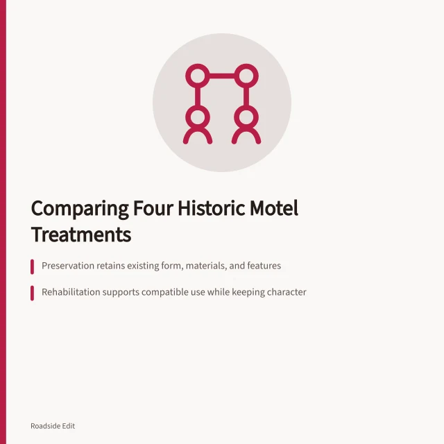 Comparison of four historic motel restoration treatment options and their evidence needs. Historic motel restoration options for 2027: how the four treatments compare