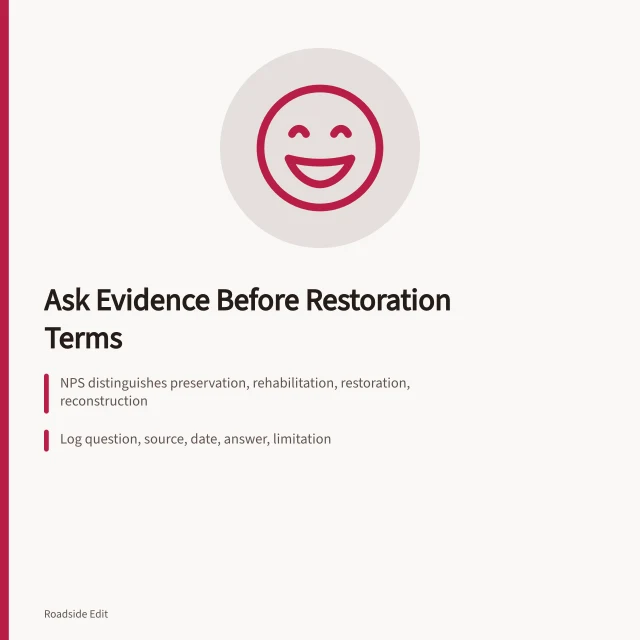 Card on evidence-first questions for historic motel restoration decisions. Historic motel restoration questions to answer before 2027 decisions