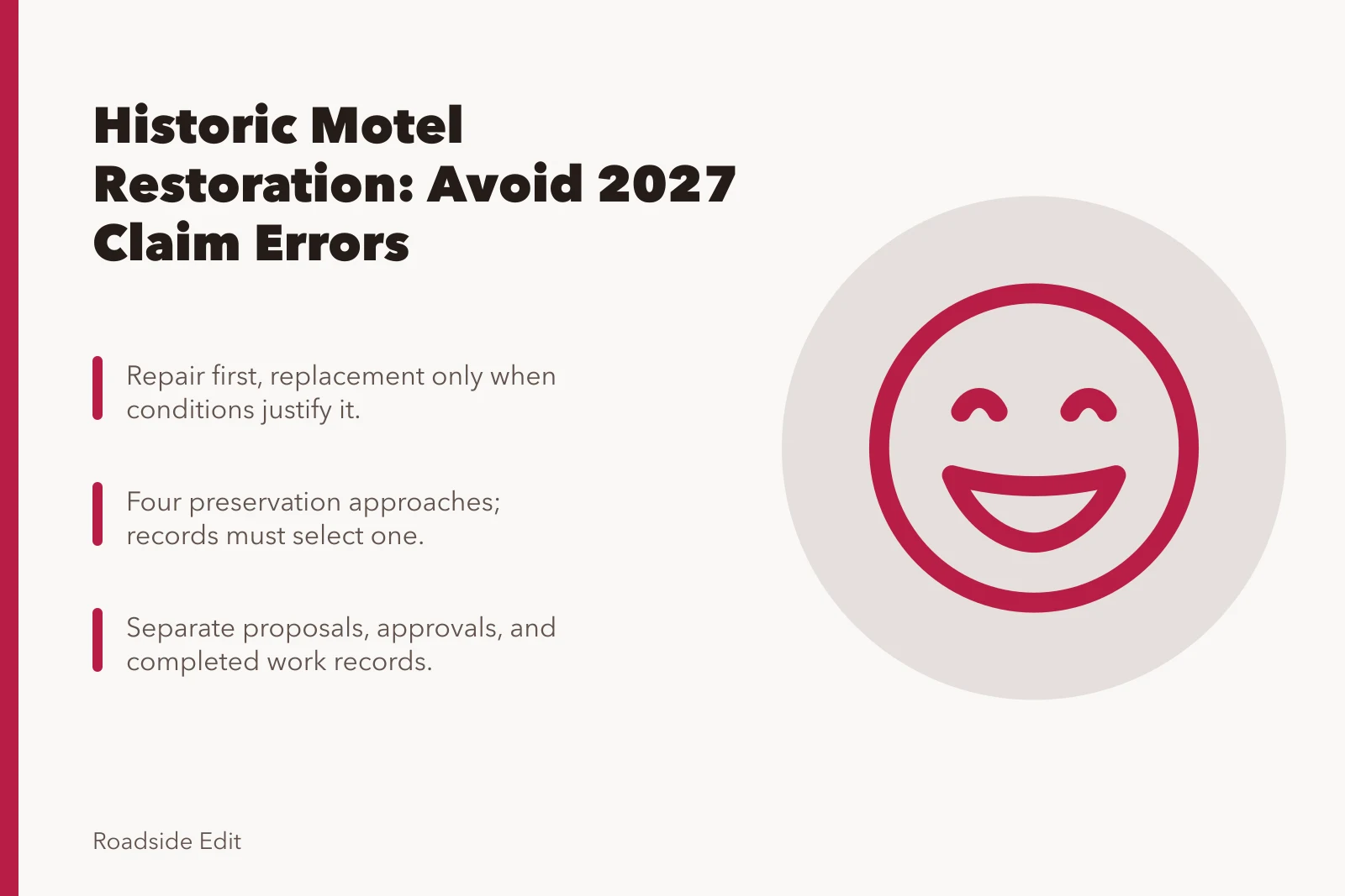 Card on historic motel restoration claim boundaries and evidence limits. Historic motel restoration options: warning signs your 2027 claim went too far
