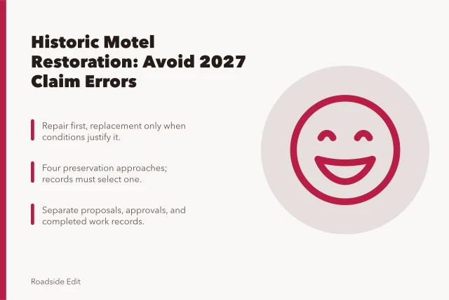 Card on historic motel restoration claim boundaries and evidence limits. Historic motel restoration options: warning signs your 2027 claim went too far