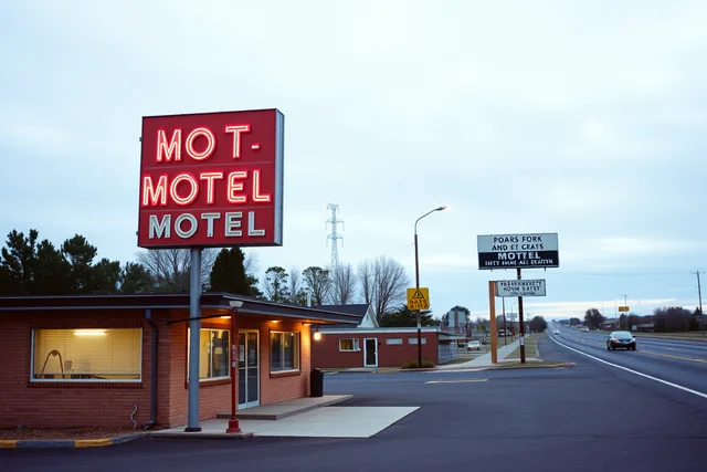 1962 motel roadside sign and parking court at dusk. Historic motel restoration planning questions to settle before 2027 claims