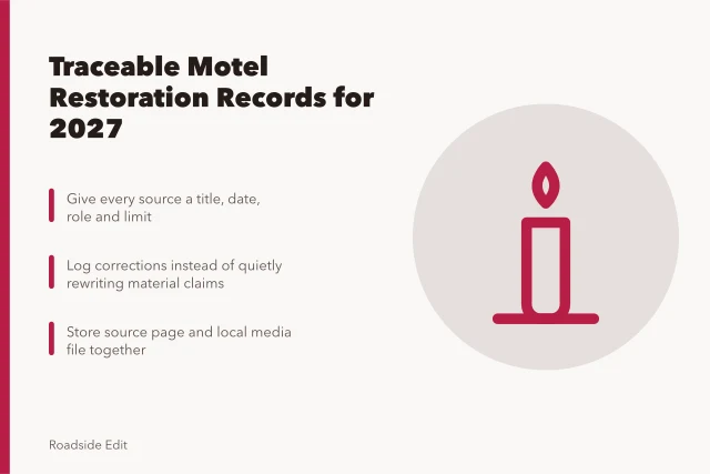 Archive icon for traceable historic motel restoration planning records. How to keep historic motel restoration planning records traceable for 2027