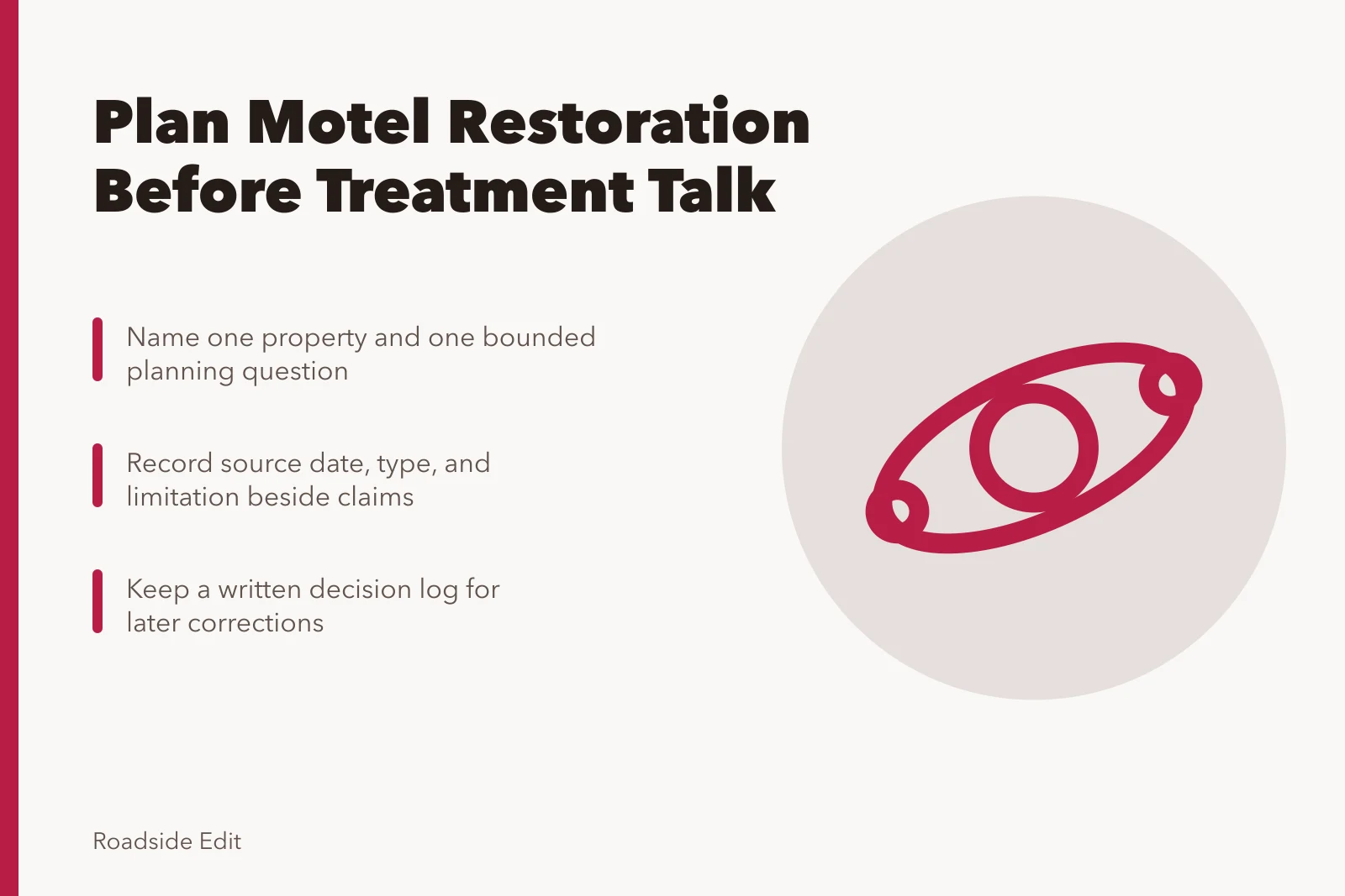 Planning card for historic motel restoration workflow steps. Historic motel restoration planning: build the 2027 workflow before treatment talk