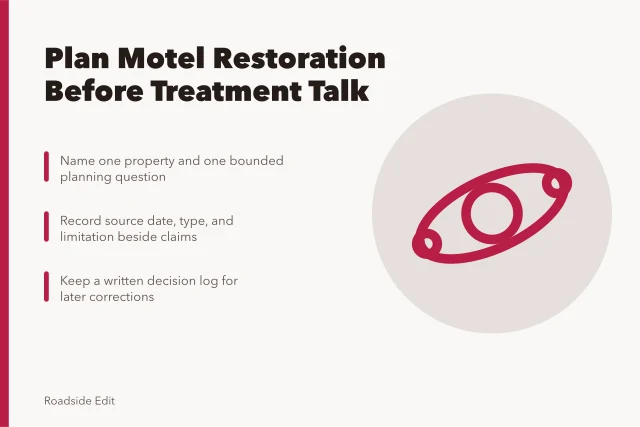 Planning card for historic motel restoration workflow steps. Historic motel restoration planning: build the 2027 workflow before treatment talk