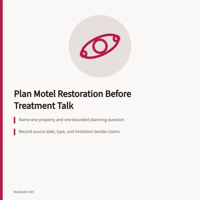 Planning card for historic motel restoration workflow steps. Historic motel restoration planning: build the 2027 workflow before treatment talk