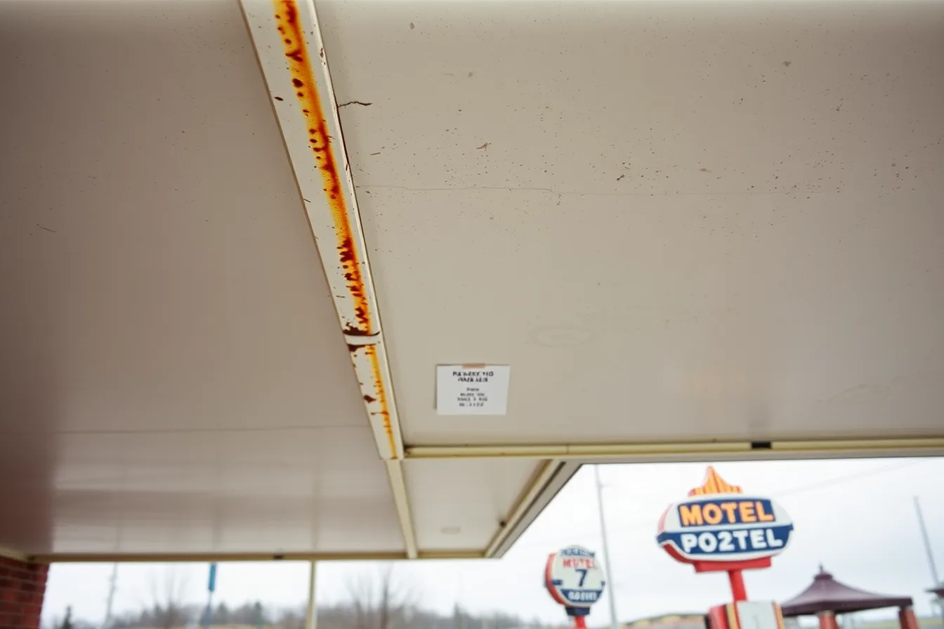 Rust-stained 1950s motel canopy soffit above neon sign and pump island. Historic motel restoration safety checklist: what owners must record in 2027